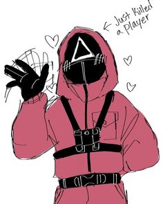 a drawing of a person wearing a pink jacket and black hoodie with the letter a on it