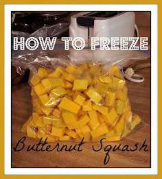 a bag of butternut squash sitting on top of a wooden table