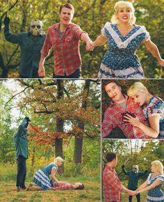 four different pictures of people dressed up in costumes and holding hands with one person wearing a zombie mask