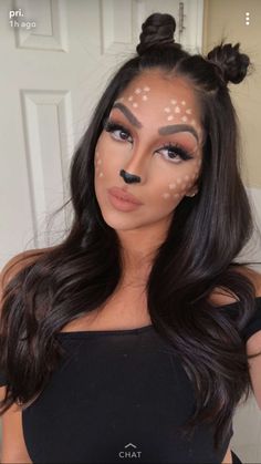 Diy Dear Costume For Women, Deer Hairstyles Halloween, Moose Makeup Halloween, Reindeer Makeup Simple Kids, Homemade Deer Costume Women, Fawn Halloween Makeup, Deer Nose Makeup, Easy Deer Costume Makeup