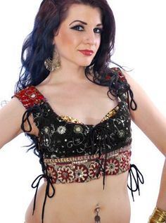 Embroidered Tribal Lace-Up Choli Top - BLACK Renn Faire Costume, Renn Faire, Homecoming Parade, Belly Dance Outfit, Belly Dance Costume, Belly Dance Costumes, Dance Costume, Women's Costumes, Bollywood Fashion