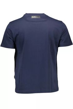 a blue t - shirt that is made from cotton and has an embroidered logo on the chest