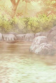 there are many elephants in the water by some rocks and trees with green leaves on them