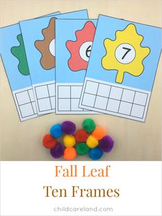 fall leaf ten frames with pom poms on the table and text overlay