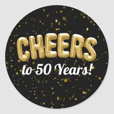 cheers to 60 years sticker with gold foil stars on black and white background,