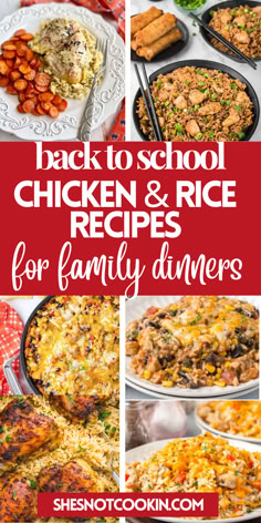 Photo collage of chicken and rice dinners with text overlay. Dinner Ideas With Chicken And Rice, Chicken Over Rice Recipes, Dinners With Rice, Chicken Rice Recipes Easy, Honey Garlic Chicken And Rice, Easy Chicken And Rice Recipes, Broccoli Chicken And Rice Casserole, Mexican Chicken And Rice Casserole, Garlic Chicken And Rice