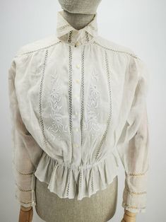 Antique French Blouse in Batiste, Edwardian Era Shirt With White Embroideries and Lace, Early 1900s-woman White Blouse With High Collar - Etsy Victorian Lace Trim Top For Daywear, Spring Victorian Blouse For Formal Occasions, Victorian Style Formal Blouse For Spring, Victorian Spring Daywear Blouse, Spring Victorian Blouse For Daywear, White Victorian Blouse For Summer, White Shirt With Lace Collar For Daywear, Traditional Fitted Blouse For Daywear, Fitted Traditional Blouse For Daywear