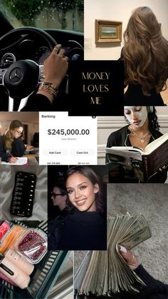 a collage of photos with the words money loves me written on them and images of women