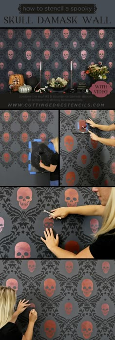 a woman in black shirt standing next to wallpaper with skulls and flowers on it