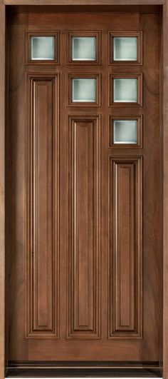 a wooden door with glass inserts on the sides and side panels, in dark wood