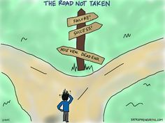 a cartoon drawing of a man looking at a road sign that says the road not taken