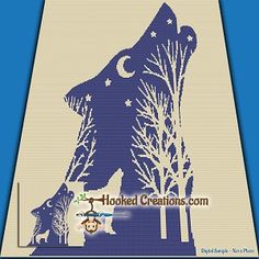 the silhouette of a wolf is shown in this cross stitch pattern, with trees and moon