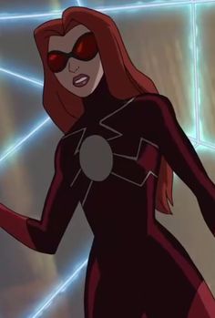 an animated image of a woman in a black suit with red eyes and glasses on