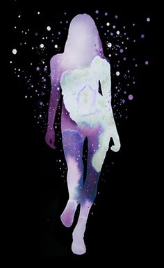 the silhouette of a woman is shown in purple and white paint on a black background