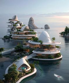 an artist's rendering of futuristic floating houses in the ocean, surrounded by trees and rocks