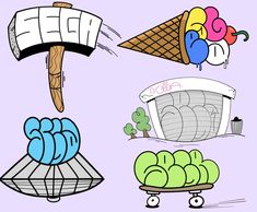 four different types of ice cream on wheels, one with an umbrella and the other with balloons