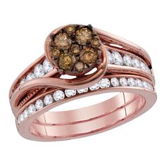 two tone gold ring set with brown and white diamonds on each band, in the shape of a flower