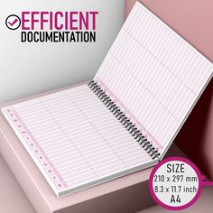 a pink binder with the words efficient documentation written on it and an image of a spiral bound notebook