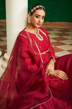 Red anarkali featuring scattered mirror work all over with thread, pearl, pita embroidery on the yoke and sleeve hem. Paired with a pant and a gota lace, tassel detailed dupatta. - Aza Fashions Red Mirror Work Georgette Kurta, Red Georgette Kurta With Mirror Work, Festive Straight Kurta Choli With Mirror Work, Festive Floor-length Kurta With Dori Work, Red Mirror Work Salwar Kameez For Eid, Red Chinon Salwar Kameez With Mirror Work, Red Salwar Kameez With Mirror Work For Eid, Red Anarkali Kurta In Georgette, Red Georgette Anarkali Kurta