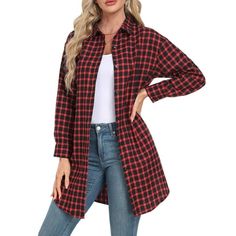 Cueply Long Sleeve Plaid Shirts Shacket Jacket for Women Oversized Work Tunic Tops Details: Enjoy a relaxed, long-sleeved design crafted from soft brushed polyester-cotton, perfect for all-day wear. Practical Pockets: Equipped with two handy side pockets for storing essentials like keys or a phone while on the go. Chic pattern: Enhances your wardrobe with a classic checkered pattern that never goes out of style, suitable for various occasions. SIZE S: Length--34.80", Shoulder--24.21", Bust--41.3 Business Casual Jacket, Casual Trench Coat, Plaid Jacket Women, Collared Jacket, Plaid Shirts, Plaid Outfits, Chic Pattern, Flannel Women, Long Sleeve Plaid Shirt