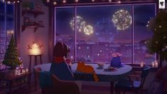 two people sitting at a table in front of a window with fireworks coming from the sky