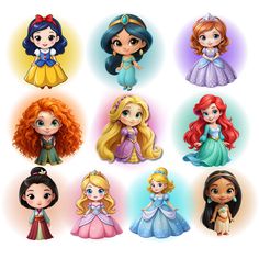 the disney princesses are all dressed up in their respective outfits and hair styles for each character