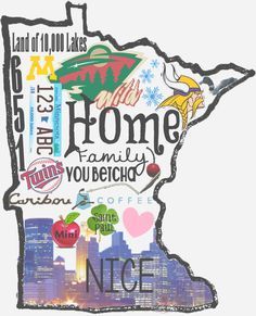 the state of minnesota is depicted in this hand - drawn map with words and symbols