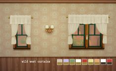 two windows with white curtains are in front of a wallpapered wall and the words wild west curtains is below them