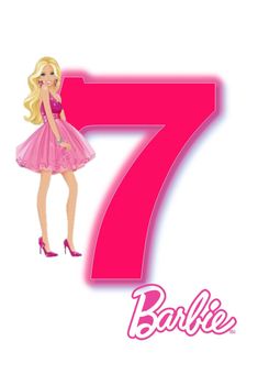 barbie birthday card with the number seven in front of her figure and pink dress,