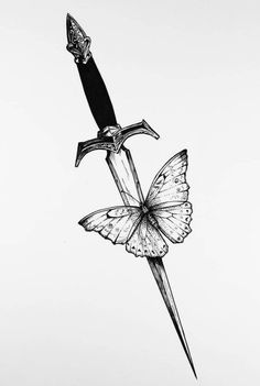 a drawing of a knife with a butterfly on it's blade and wings attached to the blade