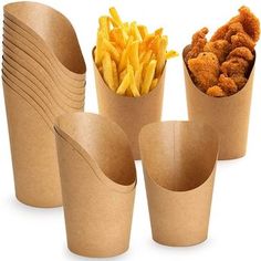 there are many different types of food in the cups on this white background, including chicken fingers and french fries