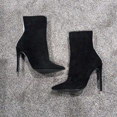 Never Worn Black Suede Steve Madden Crystal Bootie Winter Ankle-high Heeled Boots With 4-inch Heel, Black Pointed Toe Winter Boots, Edgy Fitted Closed Toe Boots, Edgy Fitted Closed-toe Boots, Edgy Closed Toe Heeled Boots For Winter, Trendy Black Closed Toe Mid-calf Boots, Edgy Winter Heeled Boots With Closed Toe, Trendy Black Mid-calf Closed Toe Boots, Black High Ankle Winter Heels