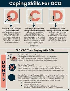 Coping Skills For OCD 1-page printable handout. This handout utilizes a CBT approach to describe helpful tips and coping skills for OCD with the acronym OCD, including Observing Your Thoughts, Challenging Your Worries, and Distracting Your Mind. This handout pairs well with my OCD Coping Statements handout.8.5"x11" digital download printable PDFWant more resources like this? Check out my full catalog of Anxiety Handouts and Worksheets here. Thank You! I really appreciate your interest in this product! Feel free to contact me with any questions!Terms of Use This resource was created and copyrighted by MentalHealthCenter, all rights reserved. It comes with a personal use license, it may be used for your personal single classroom, counseling office, or home use only. Redistribution or reselli Ocd Tips And Tricks, Psr Activities, Cbt For Ocd, How To Overcome Ocd, Coping Statements, Ocd Thoughts