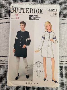 a sewing pattern for a women's coat and dress, with buttons on the sleeves