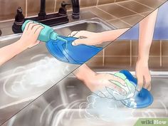 a person is washing their feet in the sink with a blue sponge and green rag