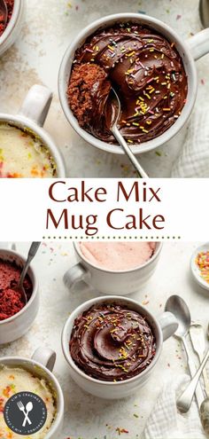 cake mix mug cake with chocolate frosting and sprinkles in white bowls