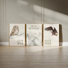 Set of 3 posters. Print to order. Transform your child's space into a sanctuary of inspiration with this beautiful set of nature-inspired wall art. Featuring an owl perched in quiet wisdom, towering mountains that speak of adventure, and an eagle soaring with dreams, these posters bring together motivational phrases like "Grow Wise," "Move Mountains," and "Reach High." These prints are perfect for any nursery or kids' room, sparking wonder and inspiring greatness from an early age. This Product Nature Inspired Nursery, Adventure Theme Nursery, Kids Playroom Art, Eagle Soaring, Woodland Animal Wall Art, Nursery Decor Woodland, Forest Animal Nursery, Mountain Nursery, Watercolor Nature