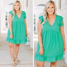 This dress was made for an adventure! This dress has a solid color that's perfect for the season! It's comfortable for all day wear, has a figure-flattering fit, and features the cutest ruffled details! Simply, style this dress with wedges or sandals for an easy everyday look! 
Material has a fair amount of stretch. 
Kim is 5'6" and a size 12/14. She is wearing the 1X.
Measurements:
1X- Bust: 44" Length: 36"
2X- Bust: 46" Length: 36"
3X- Bust: 48" Length: 36"
96% Polyester 4% Casual Knee-length Ruffle Dress For Beach, Green Ruffle Sleeve Dress For Beach, Solid Color Ruffled Sundress For Vacation, Solid Color Sundress With Ruffles For Vacation, Green Casual Sundress With Ruffles, Solid Color Knee-length Ruffle Dress For Summer, Summer Solid Color Knee-length Ruffle Dress, Casual Solid Color Dresses With Ruffles, Solid Color Ruffle Sleeve Dress For Vacation