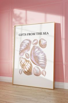 a framed poster with seashells on it in front of a pink painted wall