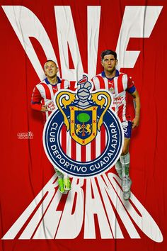 two soccer players standing next to each other on a red and white background with the words dae above them