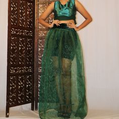 The beautiful satin silk top and skirt covered with a organza light green colour to give a beautiful look for girls Festive Silk Chiffon Party Set, Festive Party Silk Chiffon Sets, Floor-length Two-piece Dress For Party, Chic Organza Evening Sets, Chic Evening Sets In Organza, Elegant Long Skirt Set For Festive Season, Evening Tissue Silk Dresses, Green Organza Party Dress, Elegant Silk Skirt For Festive Occasions