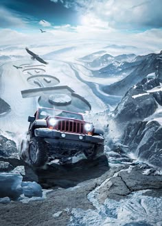 the jeep is driving on snow covered mountains