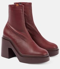 Nina leather platform ankle boots in burgundy - Clergerie | Mytheresa Burgundy Ankle Boots, Burgundy Boots Ankle, Maroon Leather, Red Boots, High Heel Boots Ankle, Platform Ankle Boots, Evening Shoes, Heeled Ankle Boots, Leather Booties