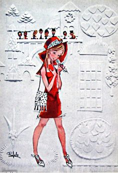 a drawing of a woman in red dress and hat holding an umbrella over her head