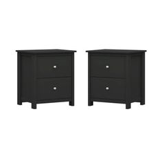 two black nightstands side by side with drawers on each side and one drawer open