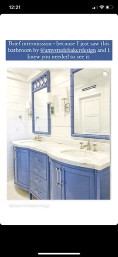 a bathroom with blue cabinets and white counter tops is featured on the app store's website