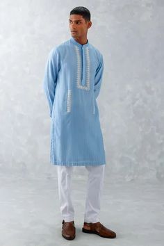 Shop for Devnaagri Blue Woven Chanderi Embroidered Placket Kurta And Pant Set for Men Online at Aza Fashions Light Blue Cotton Kurta With Long Sleeves, Light Blue Long Sleeve Cotton Kurta, Blue Long Sleeve Kurta For Spring, Placement Embroidery, Kurta Pant Set, Blouse Measurement, Lehenga Blouse, Lace Neckline, Flower Lace