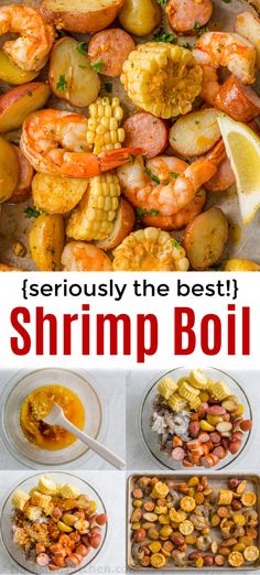 shrimp boil with corn, potatoes and carrots on the side is shown in this collage