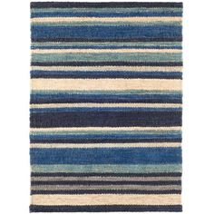 a blue and beige striped rug on a white background