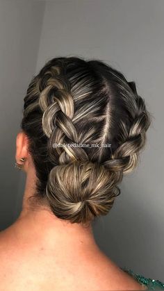 Hair Styles For Competitions, Lyrical Hairstyles Dance Hair, Hair For Competition, Modern Dance Hairstyles, Bun With French Braid, Hairstyle Dance Competition, Dance Competition Hairstyles Lyrical, Cool Dance Competition Hairstyles, Hairstyles For Dance Competition Updo